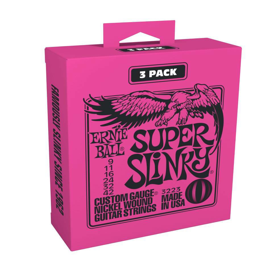 Ernie Ball Super Slinky Nickel Wound Electric Guitar Strings 3-pack, 9-42 gauge, shown in a clear image with packaging and strings.