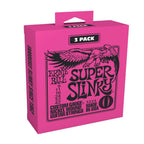 Ernie Ball Super Slinky Nickel Wound Electric Guitar Strings 3-pack, 9-42 gauge, shown in a clear image with packaging and strings.