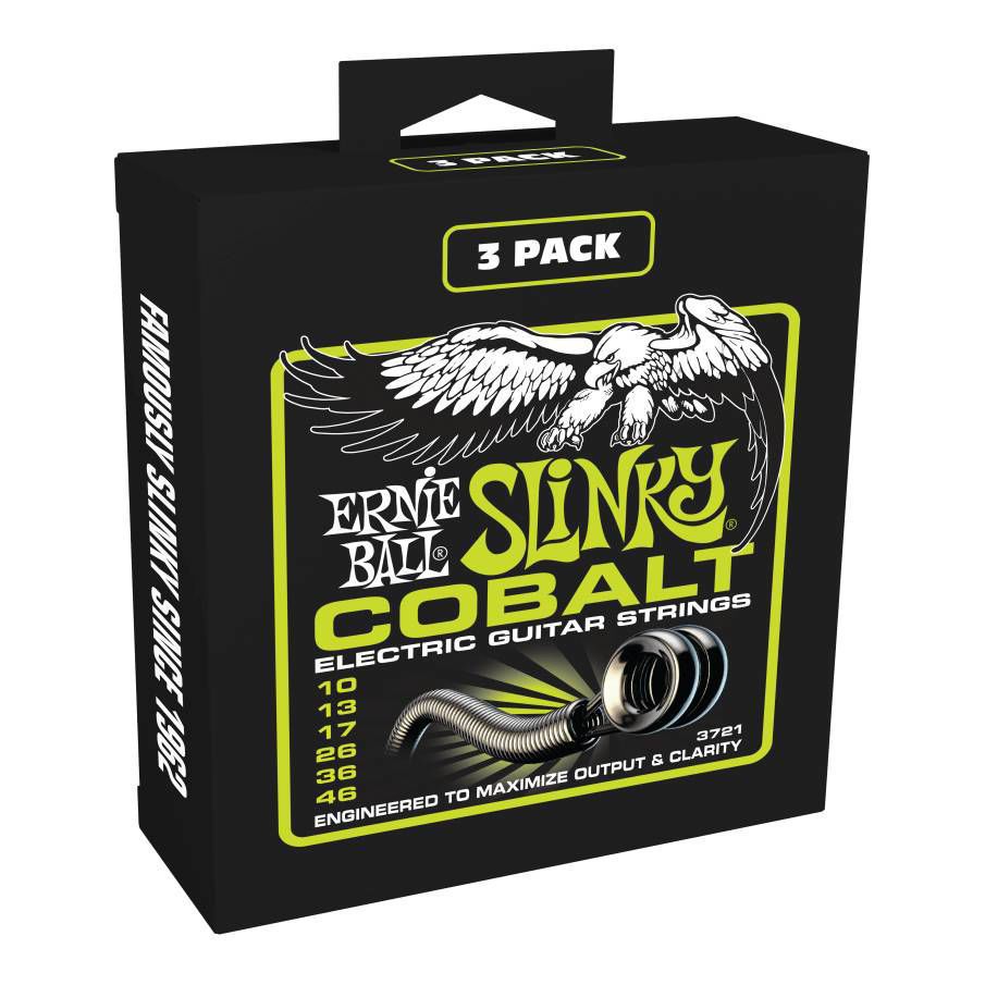 Ernie Ball Regular Slinky Cobalt electric guitar strings in lime color, 10-46 gauge, three sets arranged on a guitar.