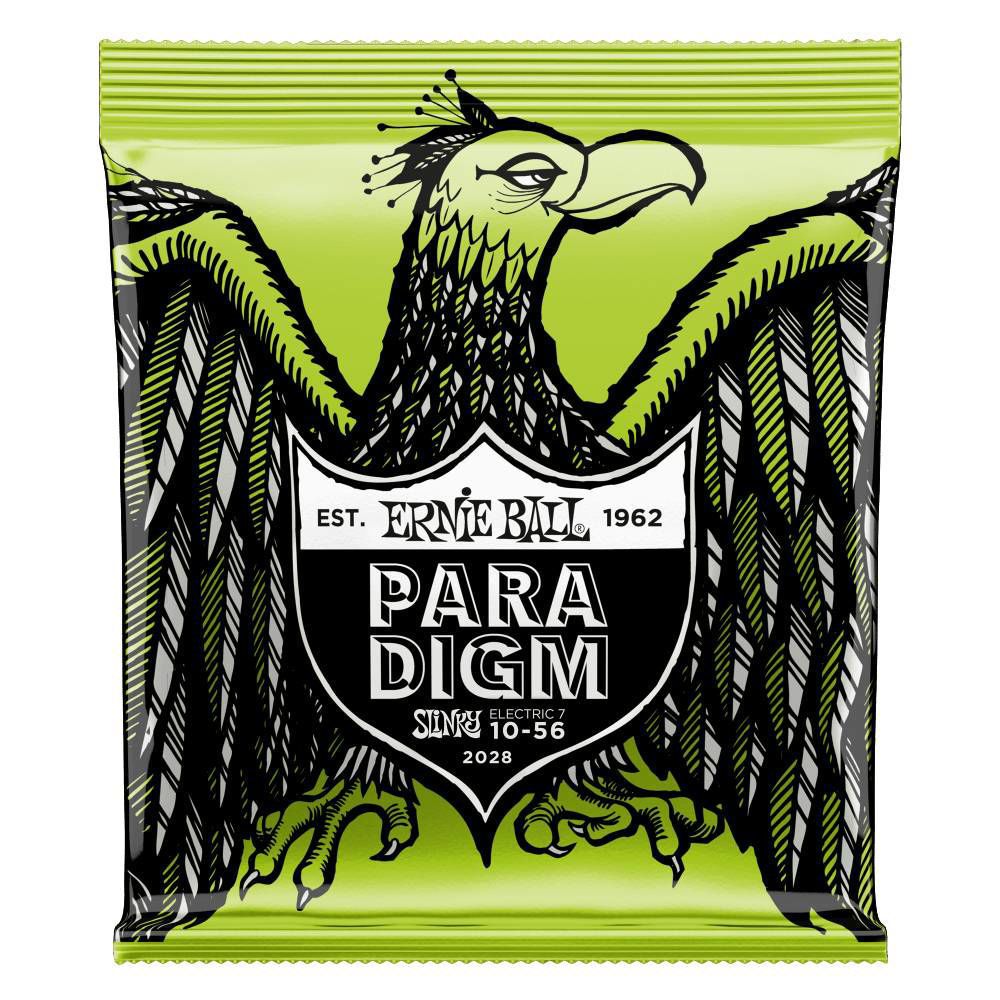 Ernie Ball Paradigm 10-56 regular Slinky 7-string electric guitar strings shown on a guitar fretboard.