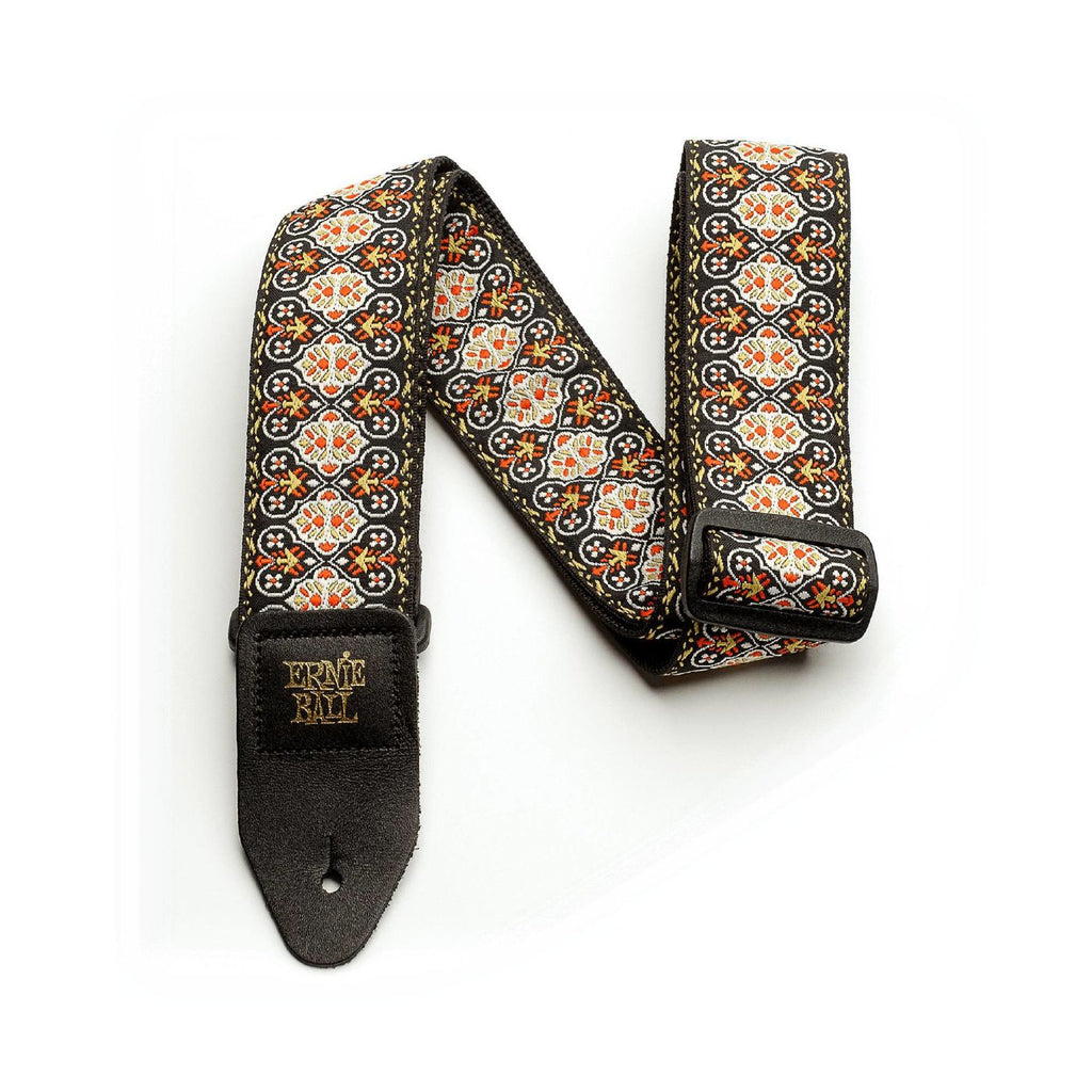 Ernie Ball Vintage Weave Jacquard guitar strap with intricate woven design, adjustable leather ends, for comfortable playing.