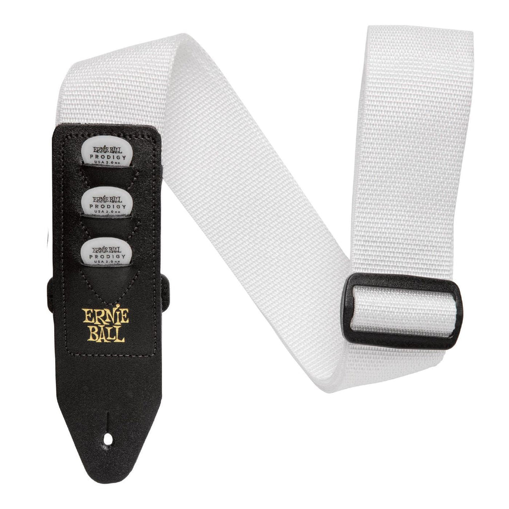 Ernie Ball white guitar strap with pickholder, featuring three pick slots, designed for comfortable instrument support.