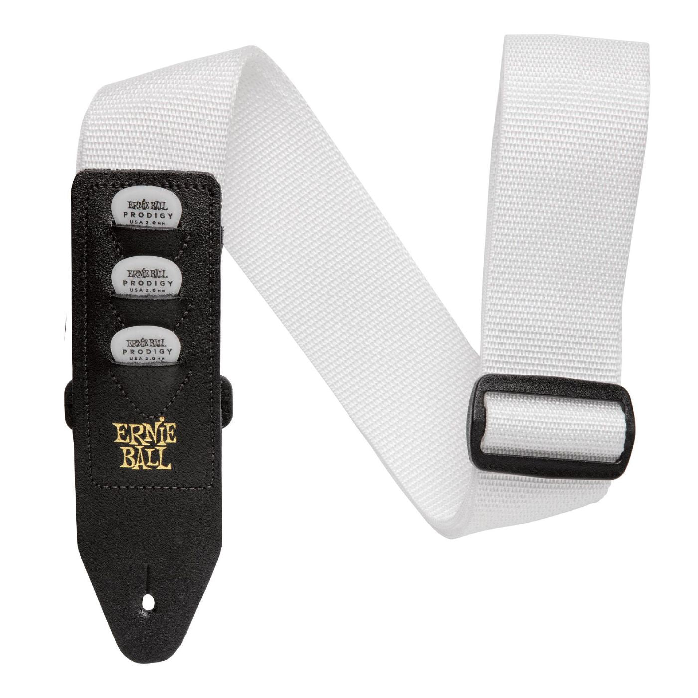 Ernie Ball white guitar strap with pickholder, featuring three pick slots, designed for comfortable instrument support.