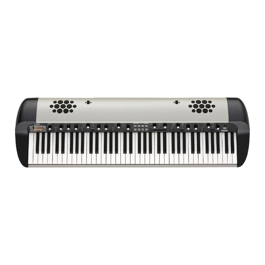 Korg SV-2 73-key stage vintage piano keyboard with built-in speaker system, black finish, and detailed control panel.