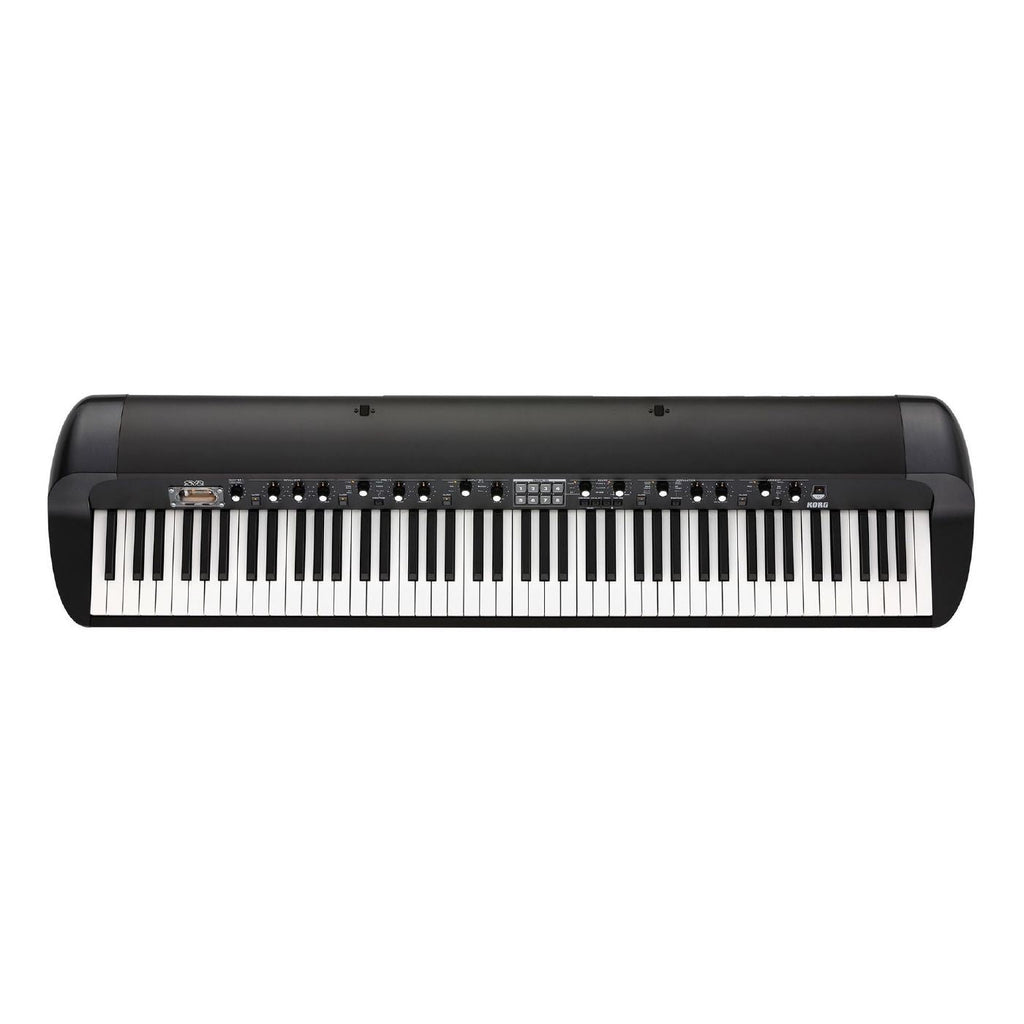 Korg SV-2 88-Key Stage Vintage Piano in black, showcasing the keyboard with black and white keys and control panel.