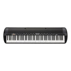Korg SV-2 88-Key Stage Vintage Piano in black, showcasing the keyboard with black and white keys and control panel.
