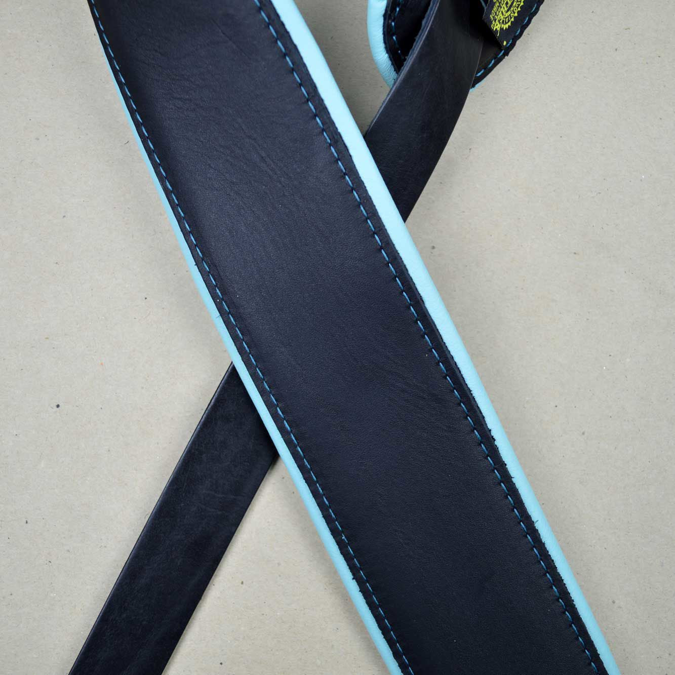 Colonial Leather 2.5inch Padded Upholstery Leather Guitar Strap - Black & Aqua