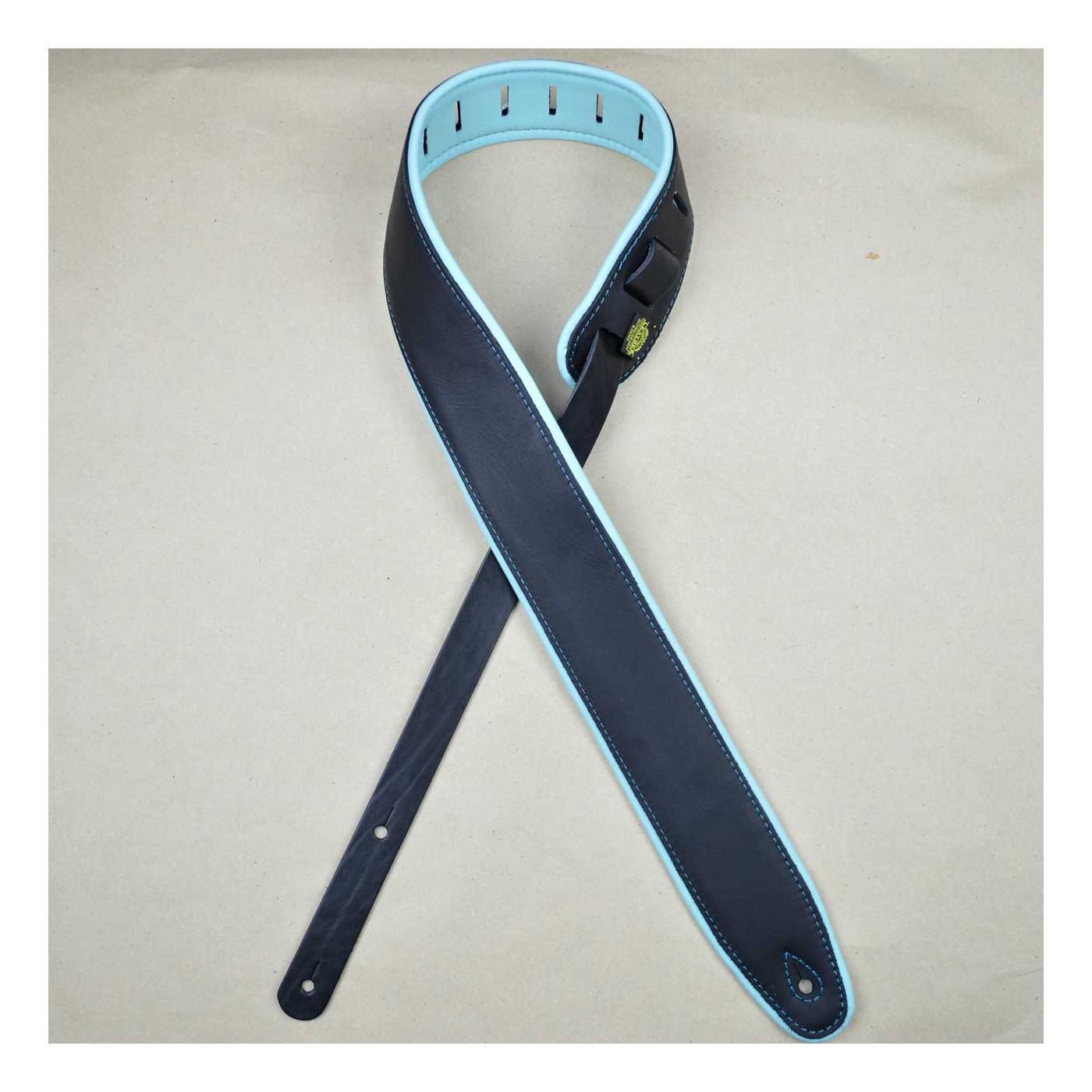 Colonial Leather 2.5inch Padded Upholstery Leather Guitar Strap - Black & Aqua