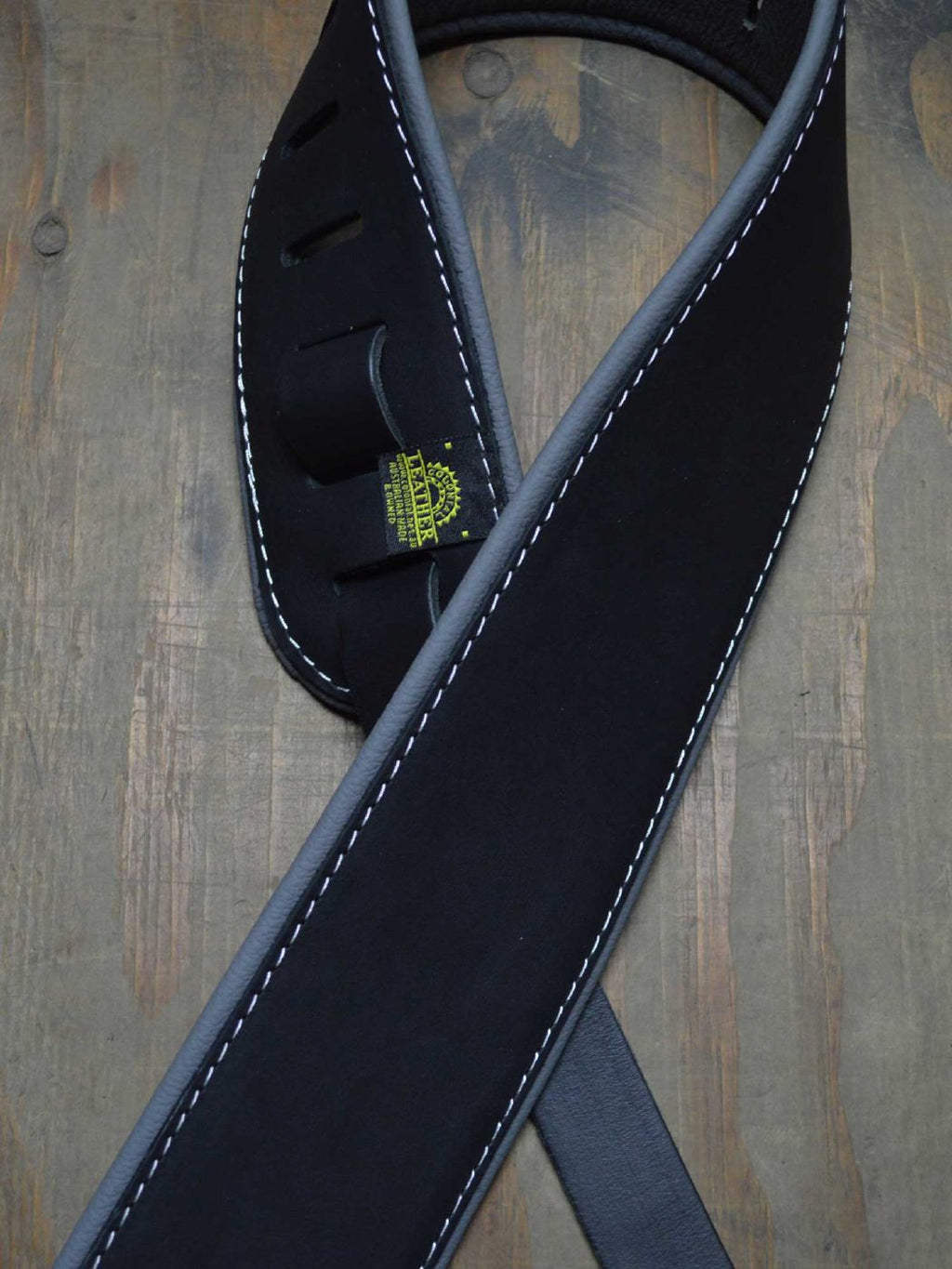 Colonial Leather 3.0inch Padded Upholstery Leather Guitar Strap - Black & Grey