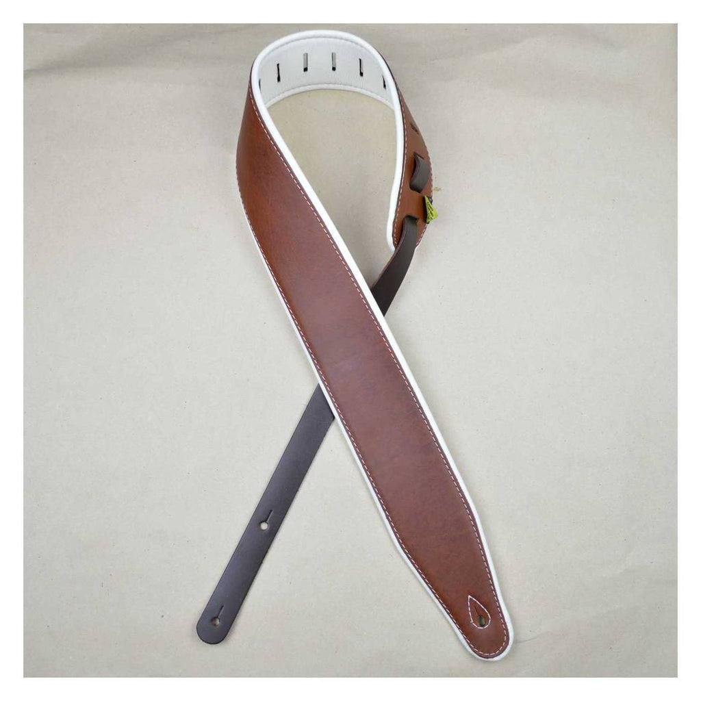 Colonial Leather 3.0 inch Padded Upholstery Leather Guitar Strap - Brown & White