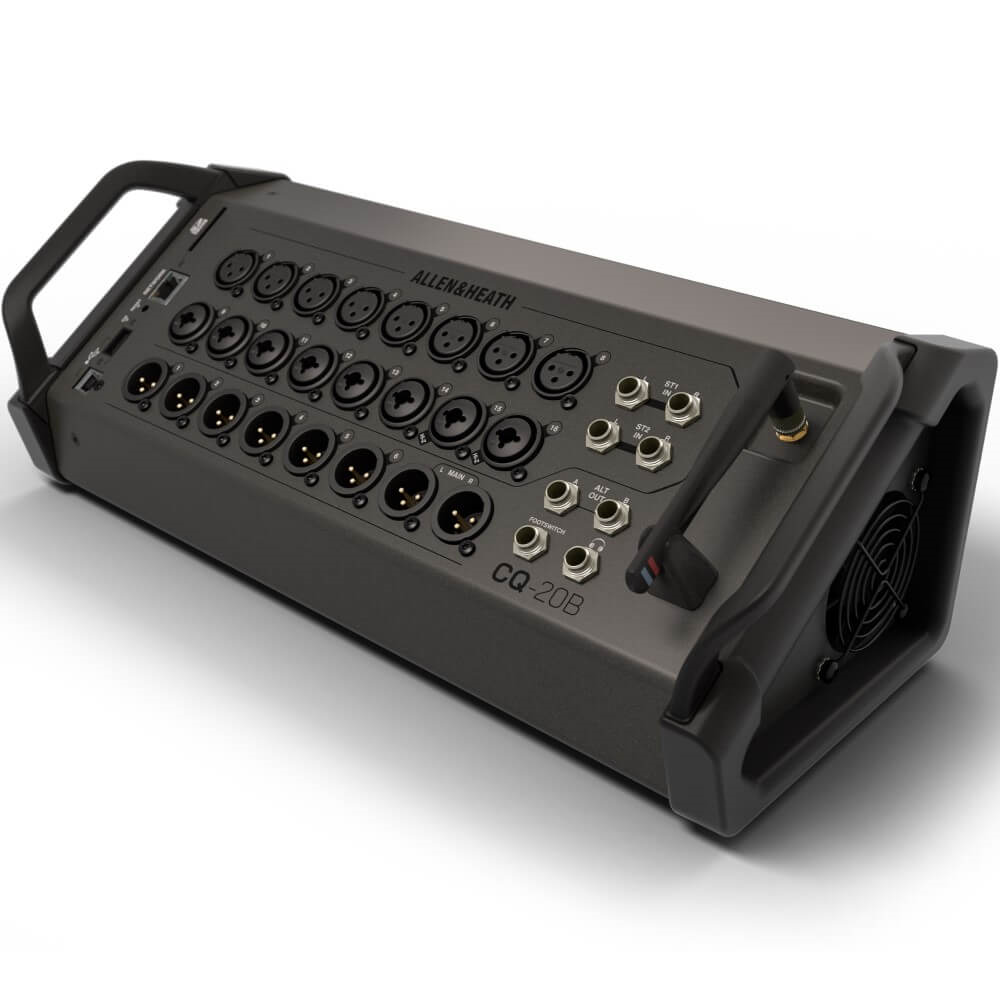 Allen & Heath CQ-20B digital rack mixer with 20 channels and compact design, featuring a digital interface and control knobs.