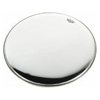 Remo Powerstroke 3 Starfire chrome 20-inch bass drumhead on drum with reflective finish and clear logo visible.