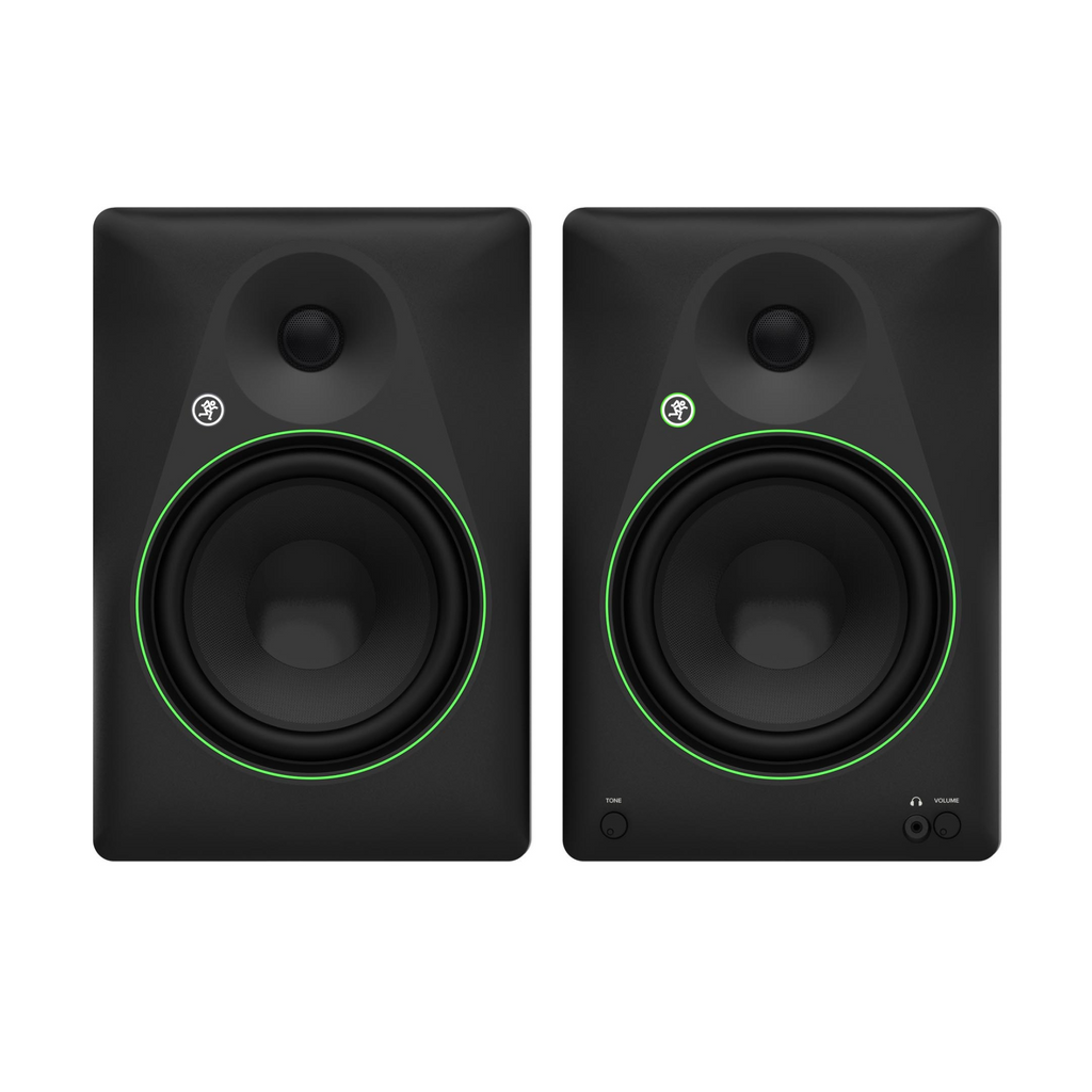 Mackie CR8BT powered studio monitors with tone control and Bluetooth connectivity, showing the front view with speaker drivers.