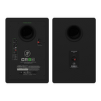 Mackie CR8BT powered studio monitors with tone control and Bluetooth, showing front view and control knobs on the speakers.