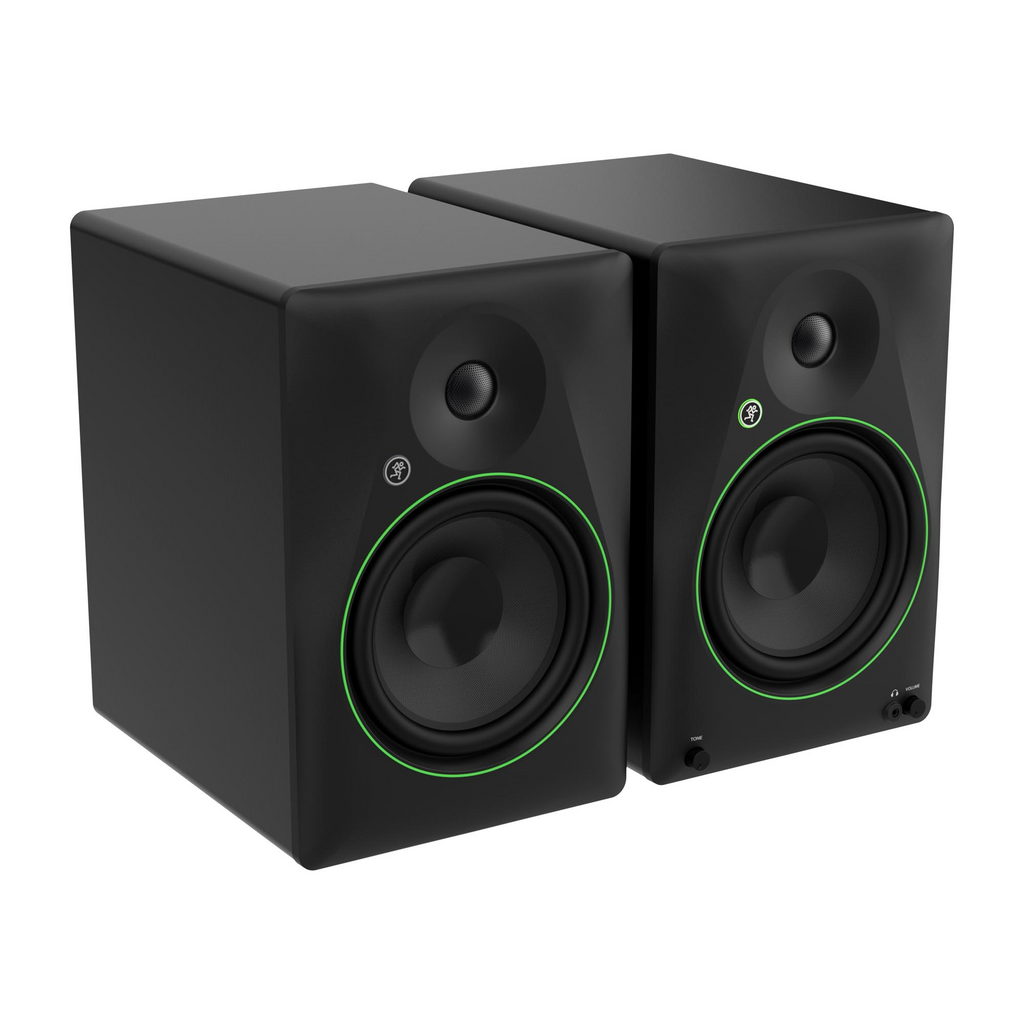 Mackie CR8BT powered studio monitors with tone control and Bluetooth connectivity, featuring sleek black speaker design.