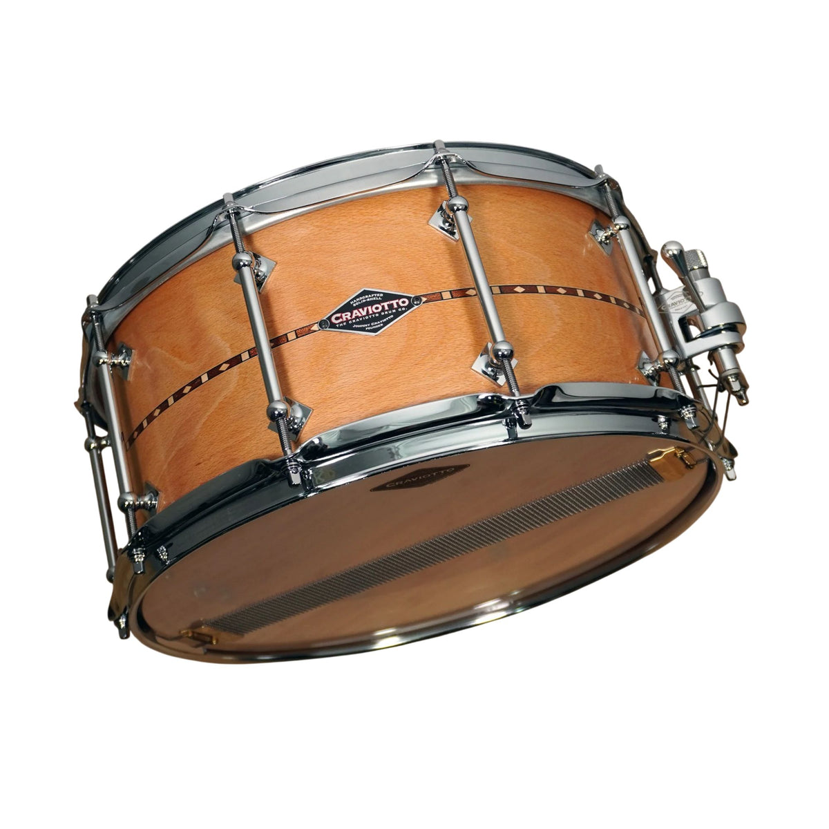 Craviotto custom shop 14x6.5 European Beech snare drum with walnut inlay and 45-degree edge detail.