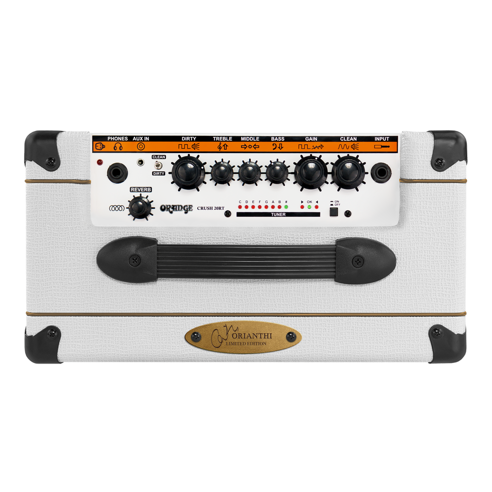 Orange Crush 20RT Signature Orianthi guitar combo amplifier in white, showing controls and speaker grille.