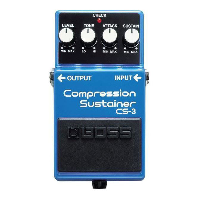 BOSS CS-3 Compression Sustainer guitar effects pedal with single footswitch and control knobs for dynamic sound shaping.