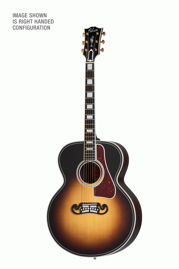 Left-handed Gibson SJ200 Western Classic acoustic guitar in vintage sunburst finish, showcasing its large body and intricate detailing.