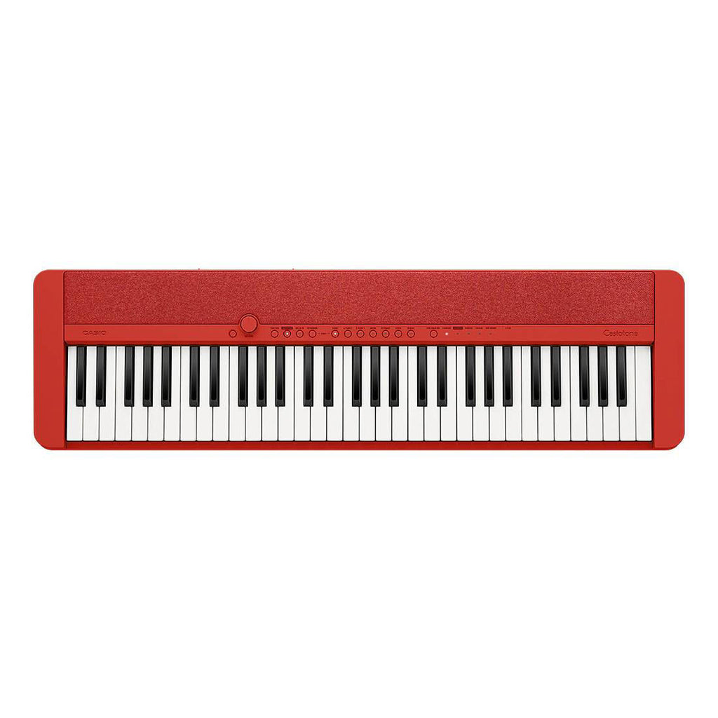 Red Casio CT-S1 Casiotone 61-key portable keyboard with compact design and built-in controls, ideal for beginners and musicians.