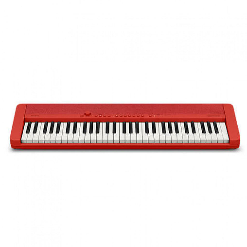 Red Casio CT-S1 Casiotone 61-key portable keyboard with black control panel and colorful buttons, ready for musical play.