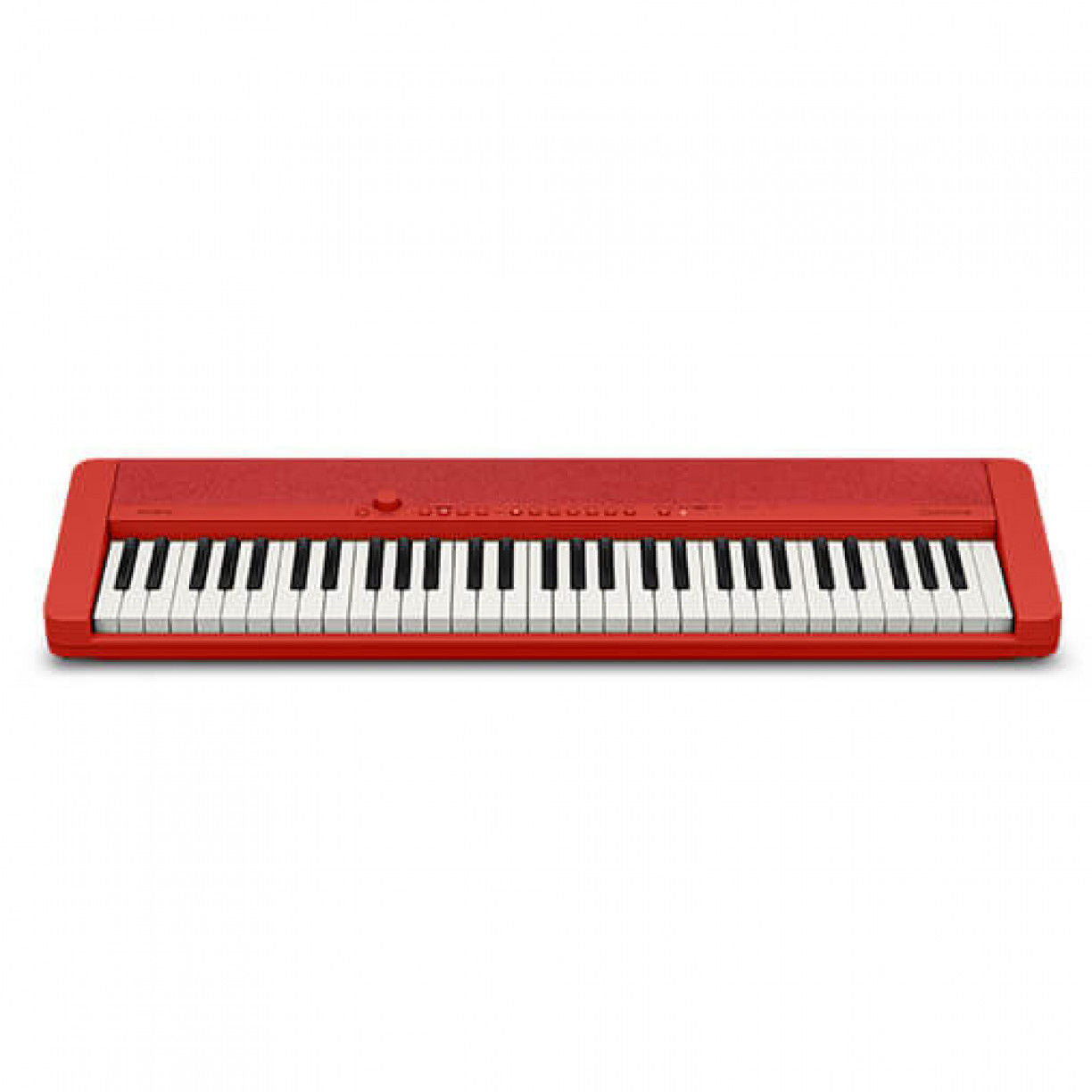 Red Casio CT-S1 Casiotone 61-key portable keyboard with black control panel and colorful buttons, ready for musical play.