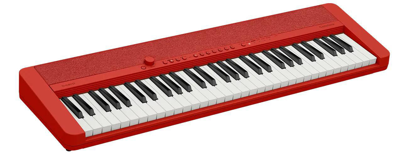 Red Casio CT-S1 Casiotone 61-key portable keyboard with touchscreen and modern design, shown from a front angle.
