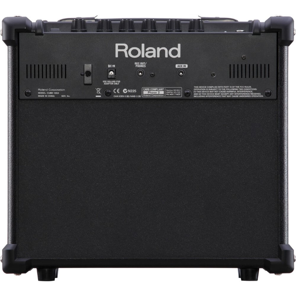 Roland Cube-10GX 10W guitar combo amplifier with 1x8 speaker and built-in effects, shown with control panel and connected guitar.