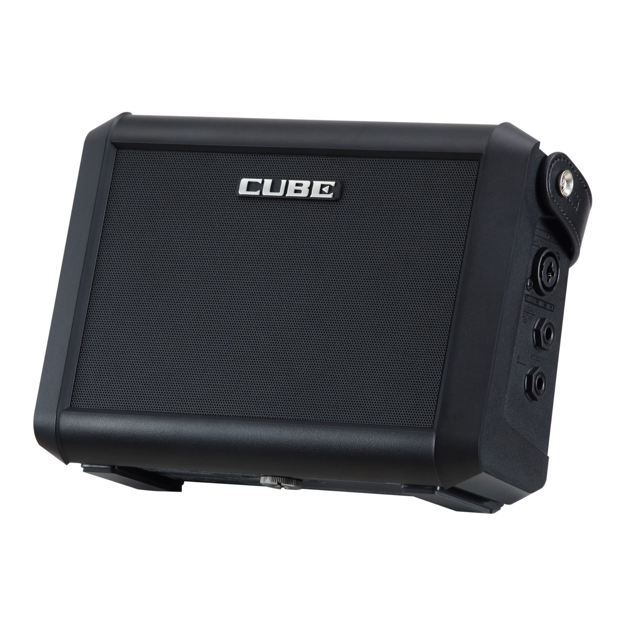 Roland Cube Street Mini guitar amplifier with two speakers, controls, and built-in handles for portable sound.