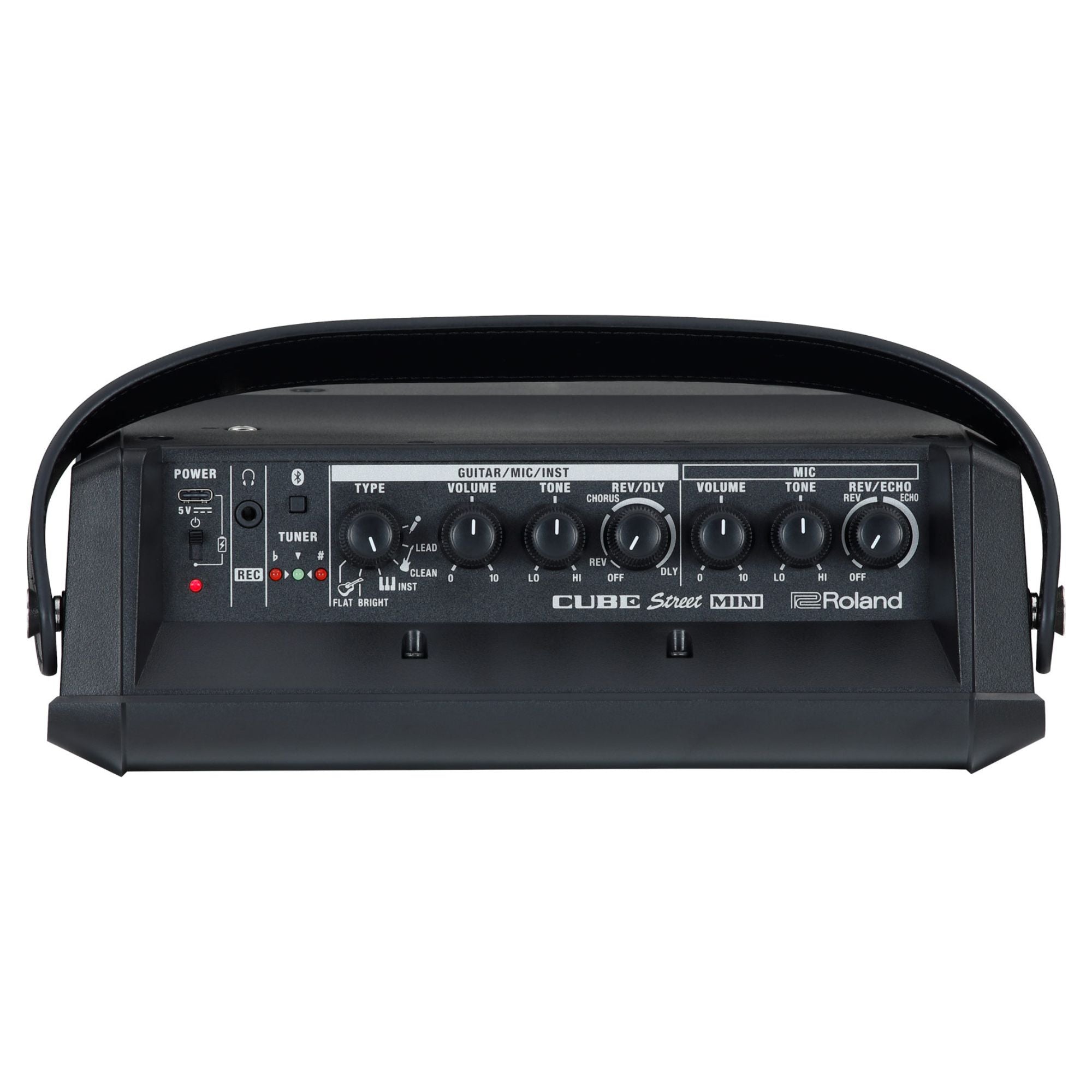 Roland Cube Street Mini guitar amplifier with portable design, featuring control knobs and input jacks, ideal for street and practice use.