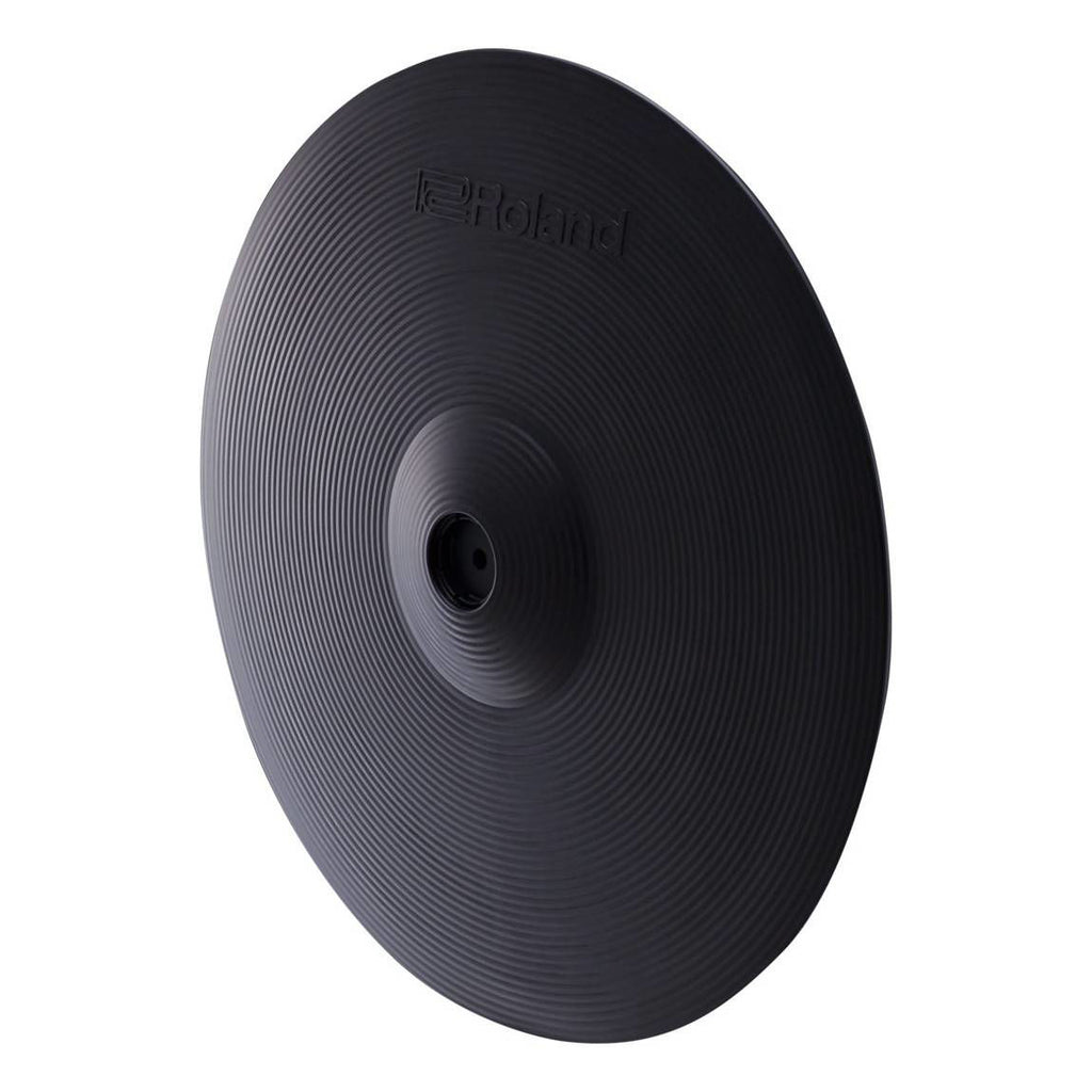 Roland CY-16RT Thin Crash/Ride Cymbal for electronic drums, close-up of the cymbal's textured surface and mounting hole.