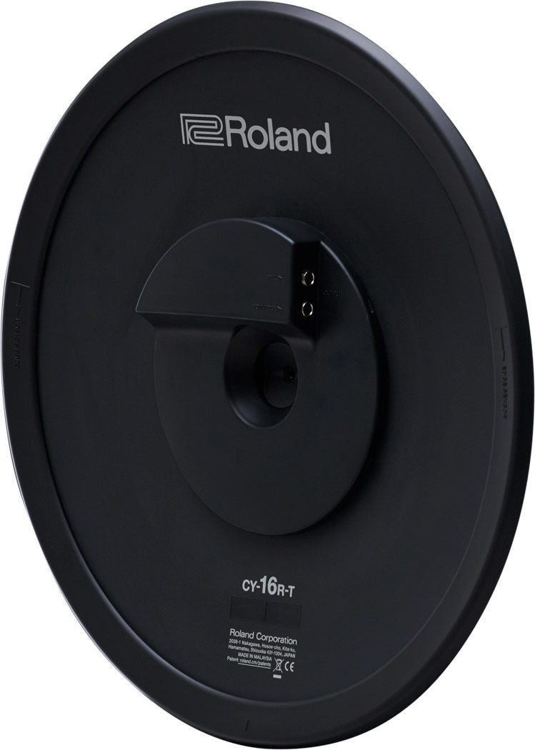 Roland CY-16RT Thin Crash/Ride Cymbal for electronic drums, showing detailed surface and mounting hole for drum setup.