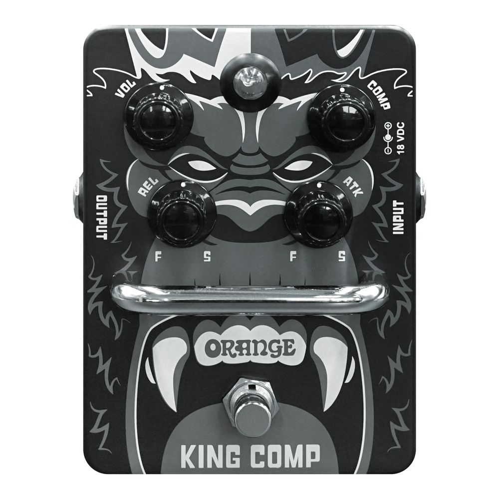 Orange King Comp VCA Compressor effects pedal, close-up of the orange guitar pedal with control knobs and input/output jacks.