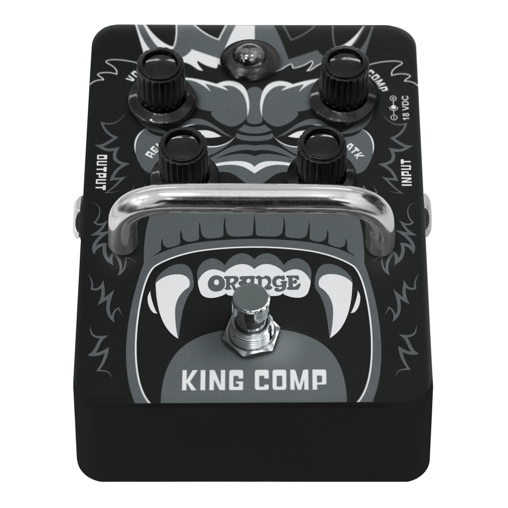 Orange King Comp VCA Compressor Pedal effects pedal, showing orange finish and control knobs on top.