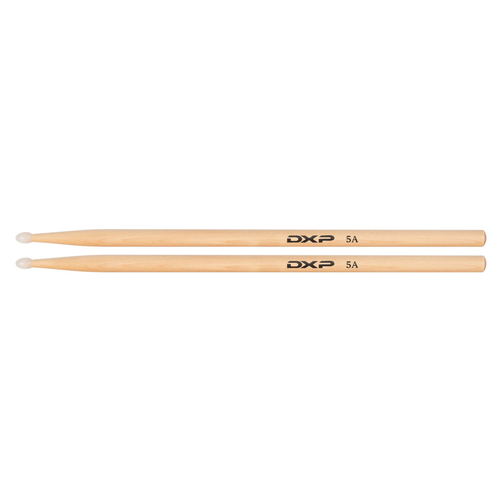 DXP Maple 5AN drum sticks with natural wood finish, designed for drummers, featuring lightweight construction and ergonomic grip.