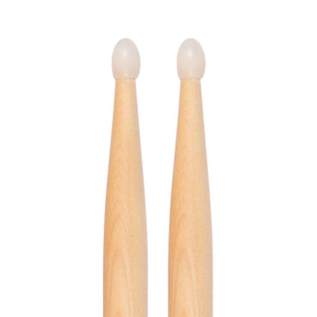 DXP Maple 5AN drum sticks with wooden tips, designed for drummers, showing a pair of professional drum sticks in natural wood finish.