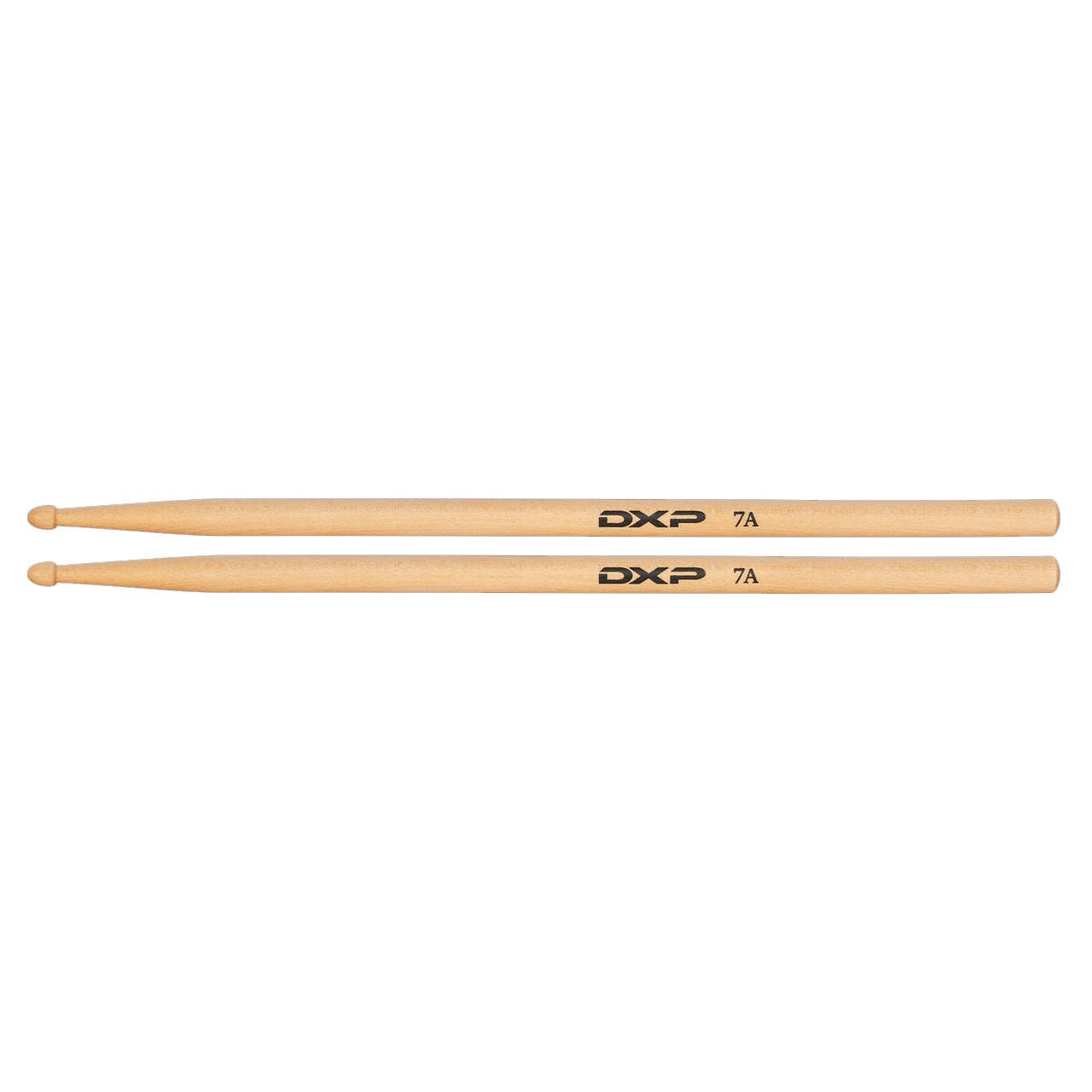 DXP Maple 7A drum sticks, lightweight and durable, shown in the image with a natural wood finish and tapered tip for versatile drumming.