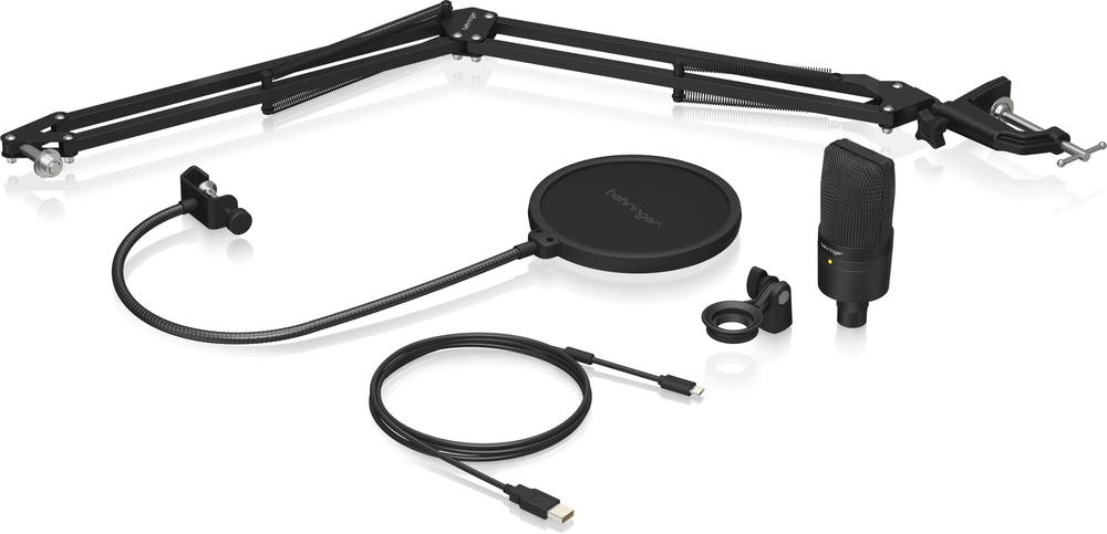 Behringer D3 USB microphone for podcasting, featuring a studio microphone with a sleek design and USB connectivity.