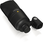 Behringer D3 USB studio microphone in black with adjustable stand and accessories for podcast recording.