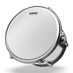 Evans UV2 coated 18-inch drumhead, featuring a black textured surface and logo, designed for durability and sound quality.