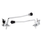 DW DWSM2224 clamp-on bass drum spurs attached to a drum, showcasing their metal hardware design for drum stability and support.
