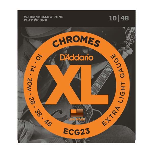 D'Addario ECG23 electric guitar strings, 10-48 Chromes flat wound extra light, close-up of the string set on a guitar background.