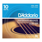 D'Addario EJ16 Phosphor Bronze acoustic guitar strings 10-pack, light gauge 12-53, on a guitar fretboard.
