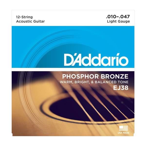 D'Addario EJ38 12-string acoustic guitar strings in phosphor bronze, light gauge 10-47, shown on a guitar.