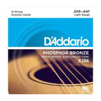 D'Addario EJ38 12-string acoustic guitar strings in phosphor bronze, light gauge 10-47, shown on a guitar.