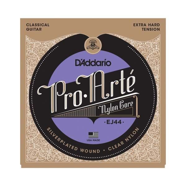 D'Addario EJ44 Pro-Arté nylon classical guitar strings with extra hard tension, displayed on a guitar.