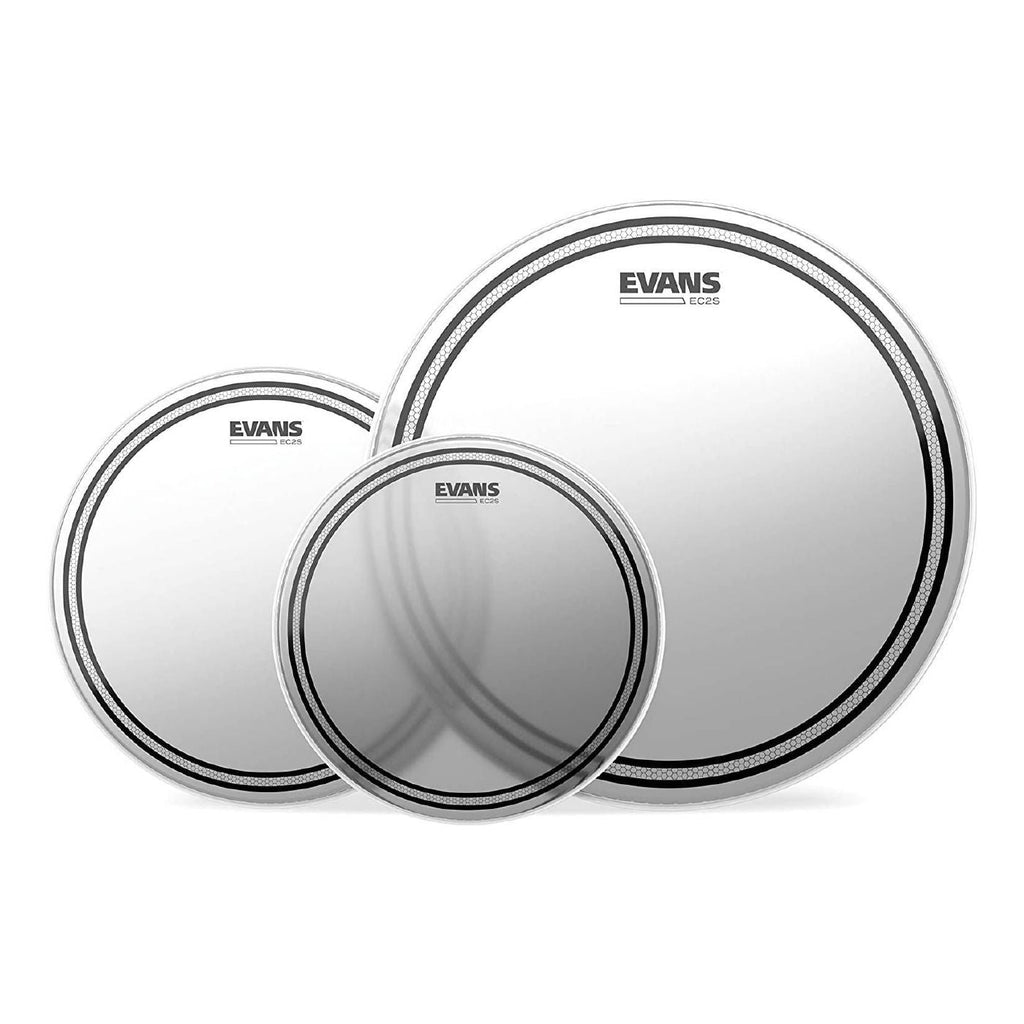 Evans EC2 Tompack coated drum heads in standard sizes, 12, 13, and 16 inches, showcasing the drum heads on drums.