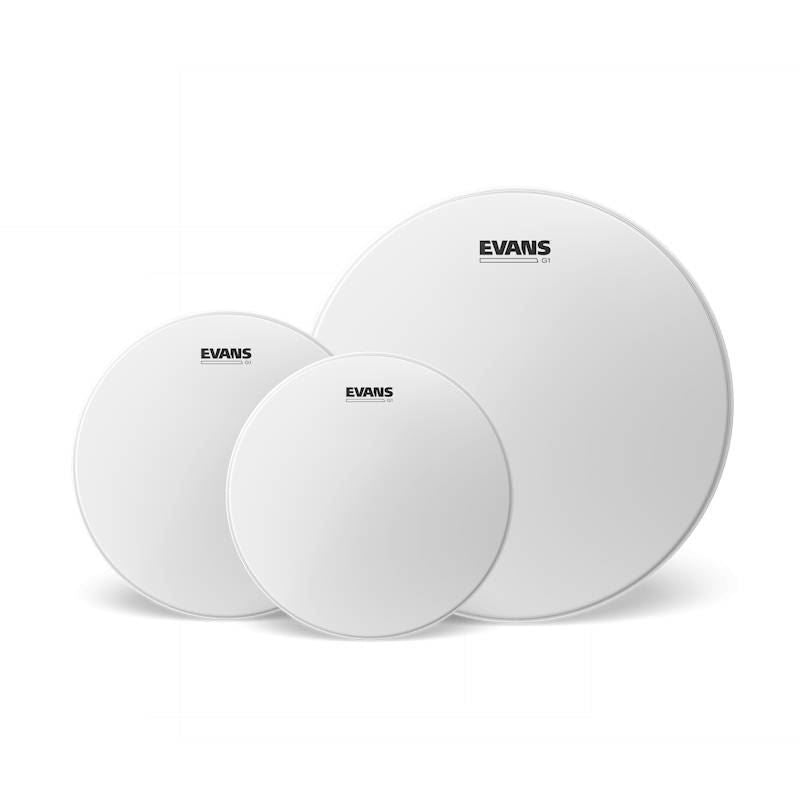 Evans G1 Tompack coated drum heads for rock drums, 10, 12, and 16 inch sizes, designed for durability and rich sound.