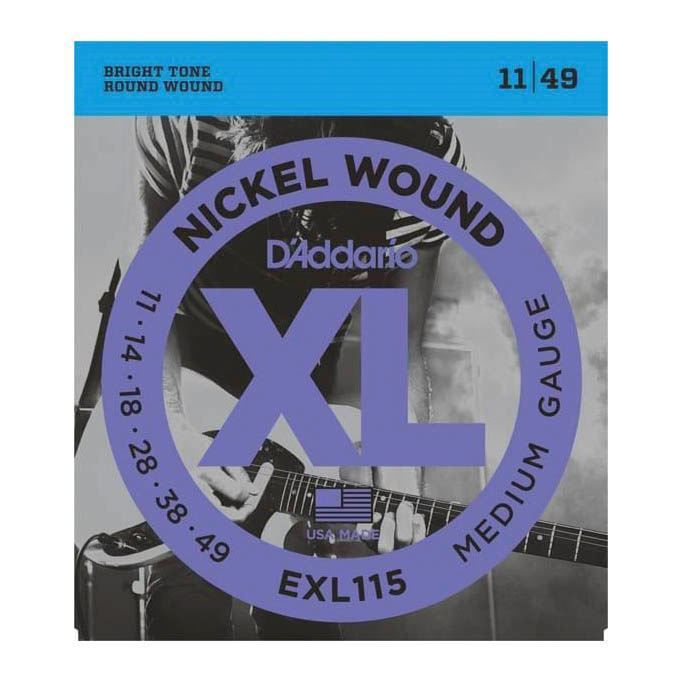 D'Addario EXL115 electric guitar strings 11-49 medium gauge, ideal for blues and jazz, shown on a guitar.