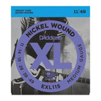 D'Addario EXL115 electric guitar strings 11-49 medium gauge, ideal for blues and jazz, shown on a guitar.